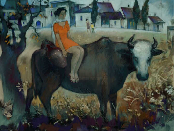 Peinture intitulée "Girl on the bull-4" par Azeriman, Œuvre d'art originale, Peinture numérique