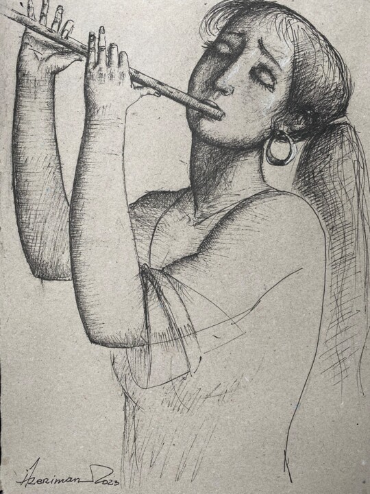 Dessin intitulée "Playing the flute" par Azeriman, Œuvre d'art originale, Encre
