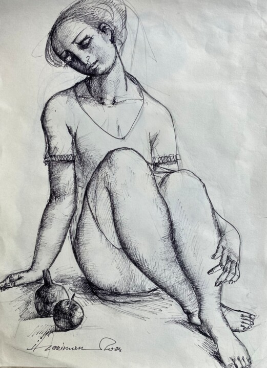 Drawing titled "Sitting woman" by Azeriman, Original Artwork, Gel pen