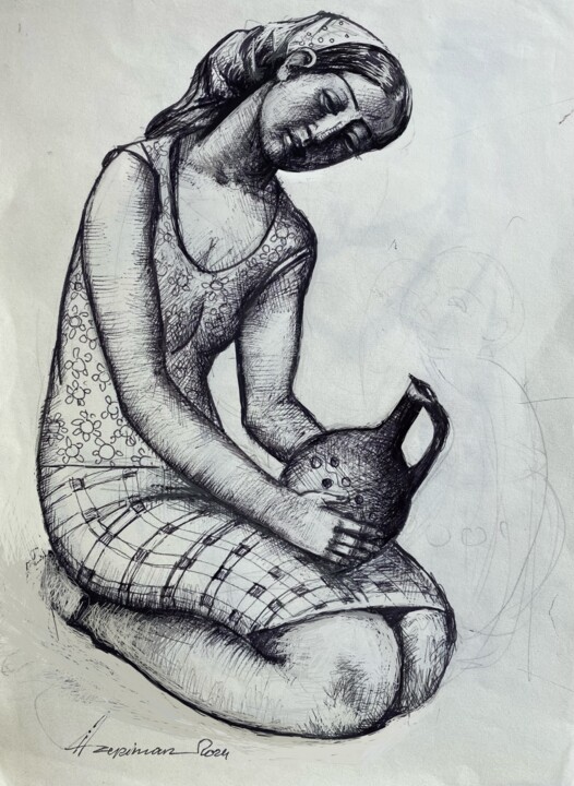 Drawing titled "Girl with a jug" by Azeriman, Original Artwork, Ink
