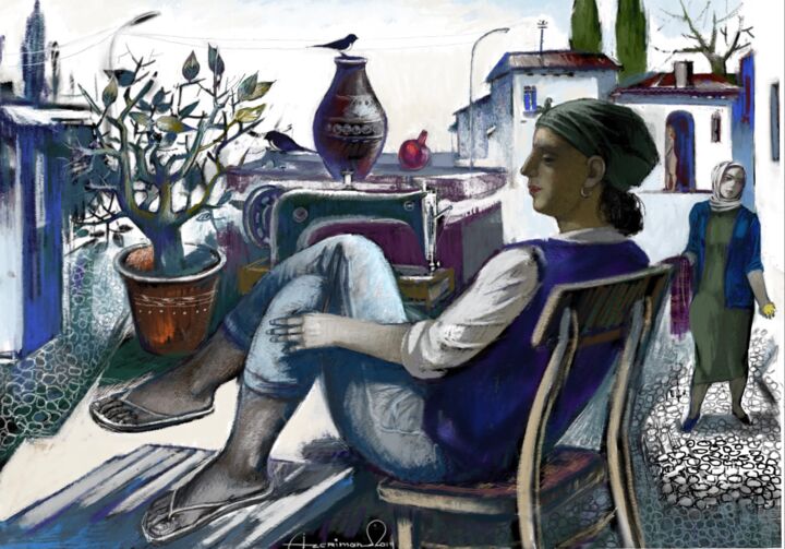 Pintura titulada "A sitting girl on t…" por Azeriman, Obra de arte original, Pintura Digital