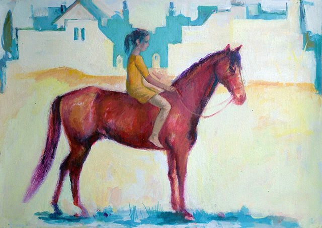 Painting titled "Girl on a horse" by Azeriman, Original Artwork, Oil