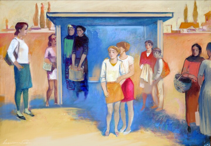 Painting titled "On a bus stop" by Azeriman, Original Artwork, Acrylic