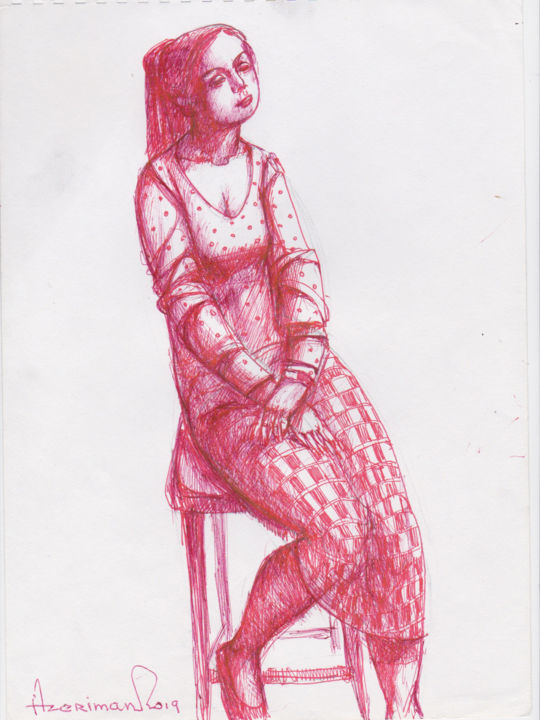 Drawing titled "The sittend girl" by Azeriman, Original Artwork, Ink Mounted on Cardboard