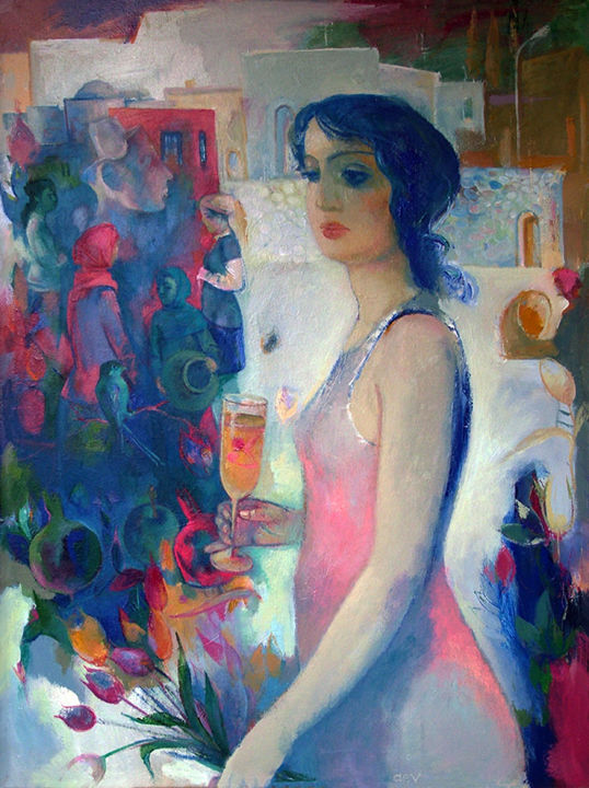 Painting titled "The girl with a jui…" by Azeriman, Original Artwork, Acrylic