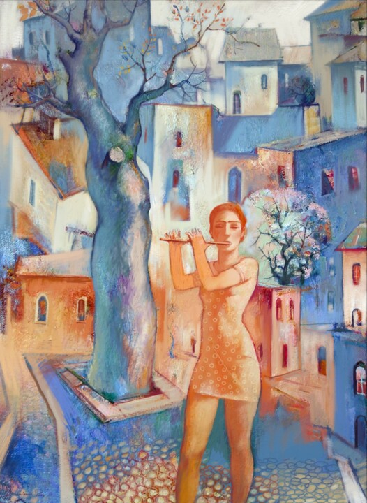Painting titled "A girl with flute" by Azeriman, Original Artwork, Oil