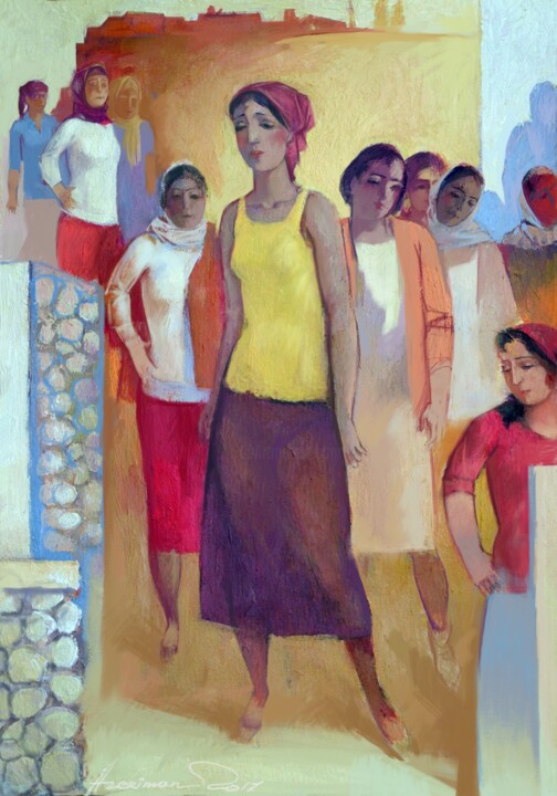 Painting titled "The girls of the vi…" by Azeriman, Original Artwork, Acrylic