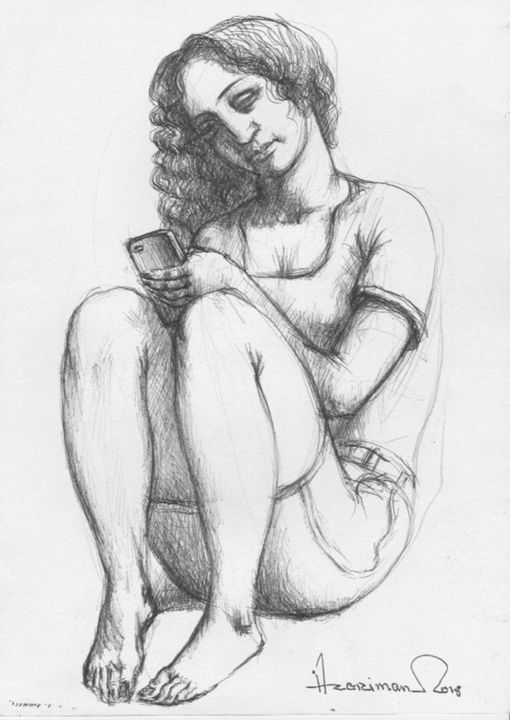 Рисунок под названием "A sitting girl" - Azeriman, Подлинное произведение искусства, Гелевая ручка