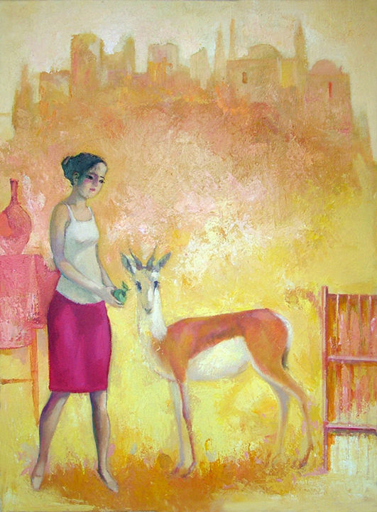 Painting titled "A girl with an anim…" by Azeriman, Original Artwork, Acrylic