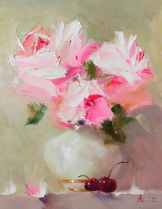 Schilderij getiteld "Розовые розы" door Aziz Sulaymanov, Origineel Kunstwerk, Olie