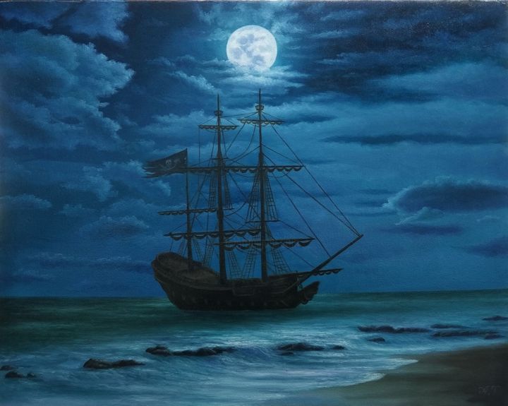 Картина под названием "Ночь на море" - Azizbek, Подлинное произведение искусства, Масло Установлен на Деревянная рама для но…