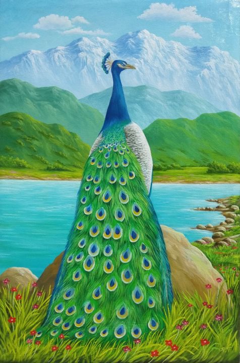 Painting titled "Peacock" by Azizbek, Original Artwork, Oil