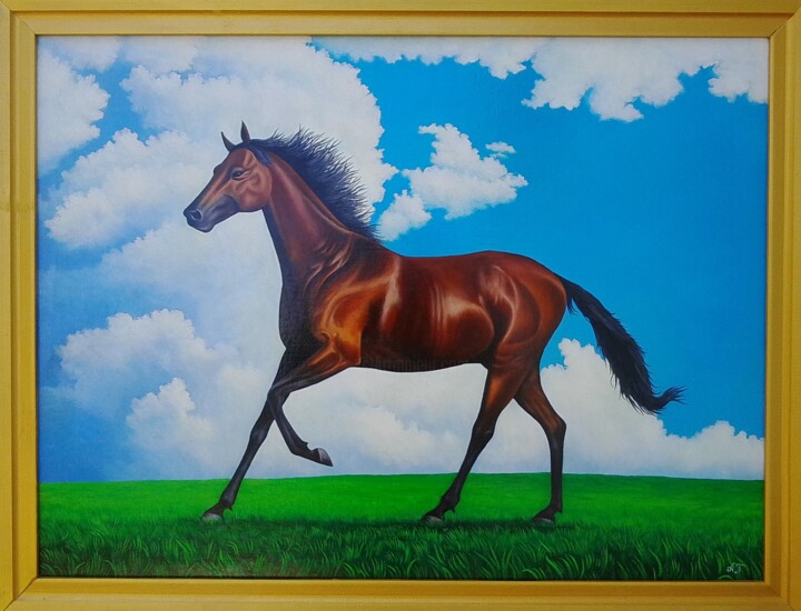 Schilderij getiteld "Horse" door Azizbek, Origineel Kunstwerk, Olie Gemonteerd op Frame voor houten brancard