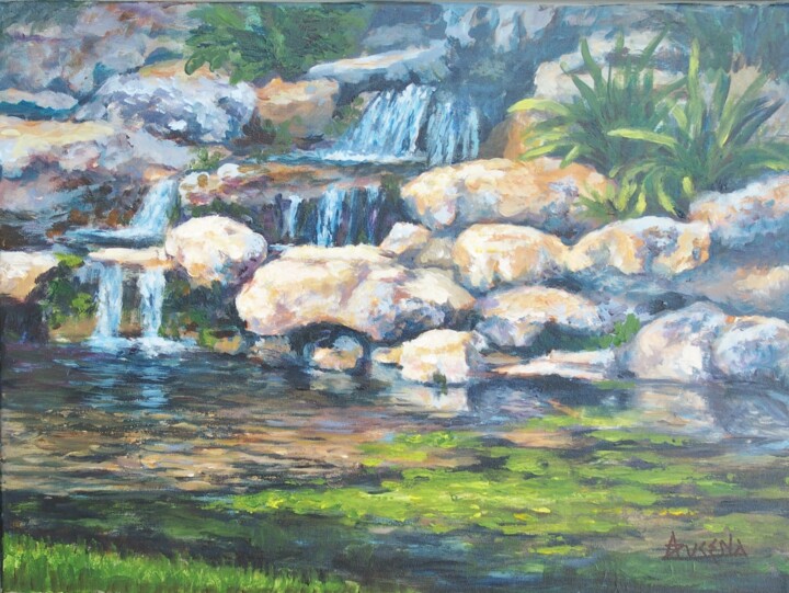 Painting titled ""Rocky pond"" by Azucena, Original Artwork, Acrylic Mounted on Wood Stretcher frame