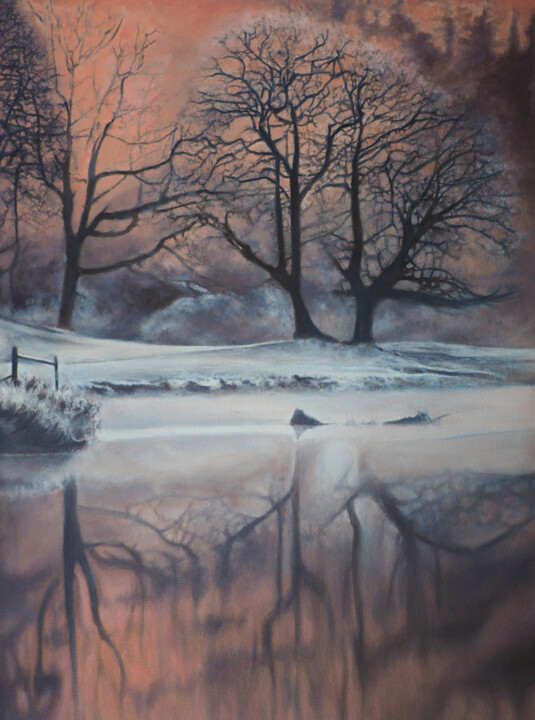 Painting titled "L'Etang sous la nei…" by B. Alexis, Original Artwork, Oil