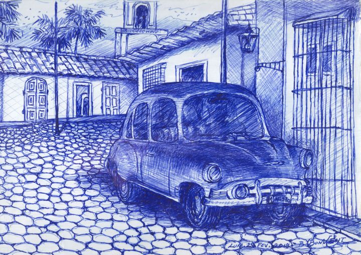 Drawing titled ""La voiture"" by Bernard Bonvent, Original Artwork, Ink