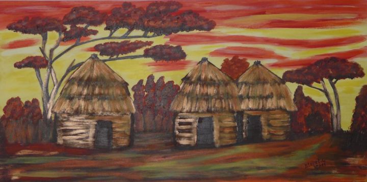 Malerei mit dem Titel "Huttes africaines" von Chrystèle Bloyet, Original-Kunstwerk, Acryl