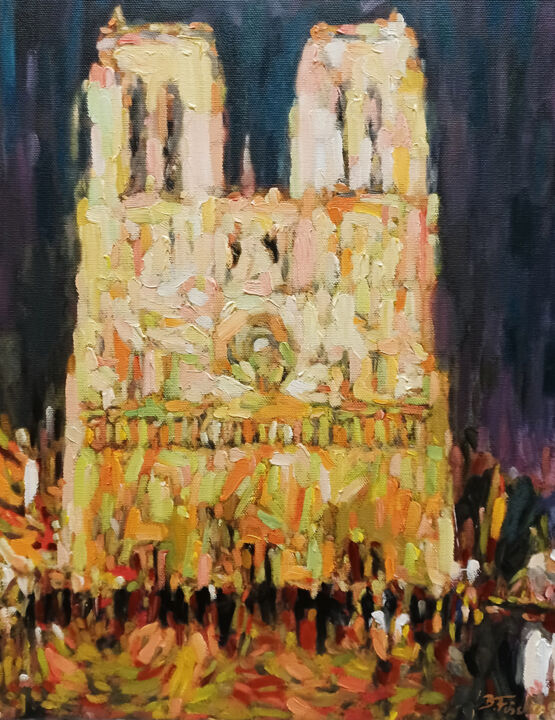 Painting titled "Notre Dame bei Nacht" by B Fischer, Original Artwork, Oil