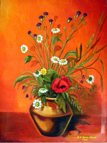 Painting titled "FLOWERS ON ORANGE F…" by B.H. Oana-Maria, Original Artwork