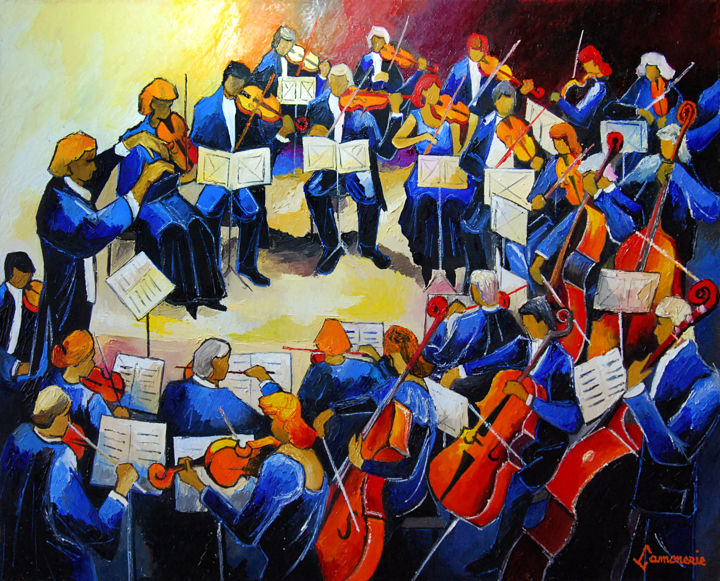 Malarstwo zatytułowany „Orchestre symphoniq…” autorstwa Bernard Lamonerie, Oryginalna praca, Olej Zamontowany na Drewniana r…