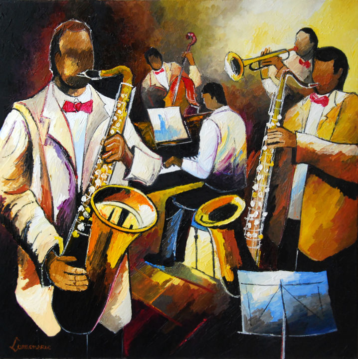 Malarstwo zatytułowany „Jazz n°35” autorstwa Bernard Lamonerie, Oryginalna praca, Olej Zamontowany na Drewniana rama noszy