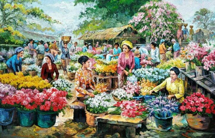 Картина под названием "Flower Market" - B. Santoso, Подлинное произведение искусства, Акрил