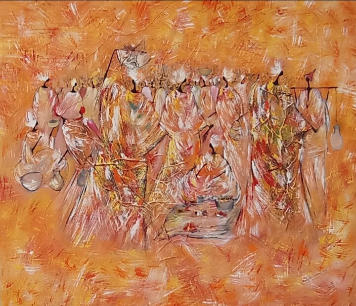 Peinture intitulée "Marché hebdomadaire" par Babacar Niang, Œuvre d'art originale, Acrylique Monté sur Châssis en bois