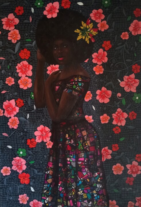 Schilderij getiteld "Afro Bloom" door Babatunde Bakare, Origineel Kunstwerk, Olie