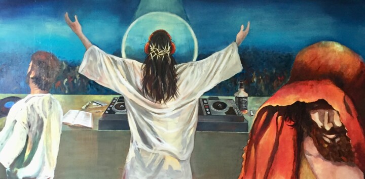 Pittura intitolato "JESUS DJ" da Babeth Puech, Opera d'arte originale, Acrilico Montato su Telaio per barella in legno