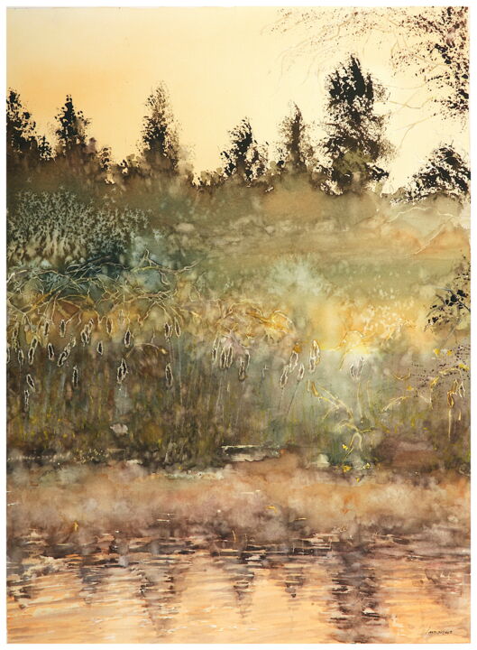 Malerei mit dem Titel "Morgennebel am See" von Babett Landsberger, Original-Kunstwerk, Aquarell