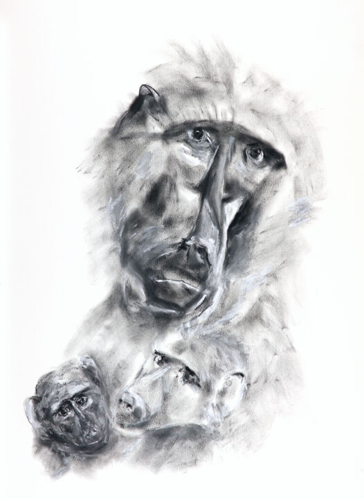 Drawing titled "steppe baboon family" by Babett Landsberger, Original Artwork, Pastel