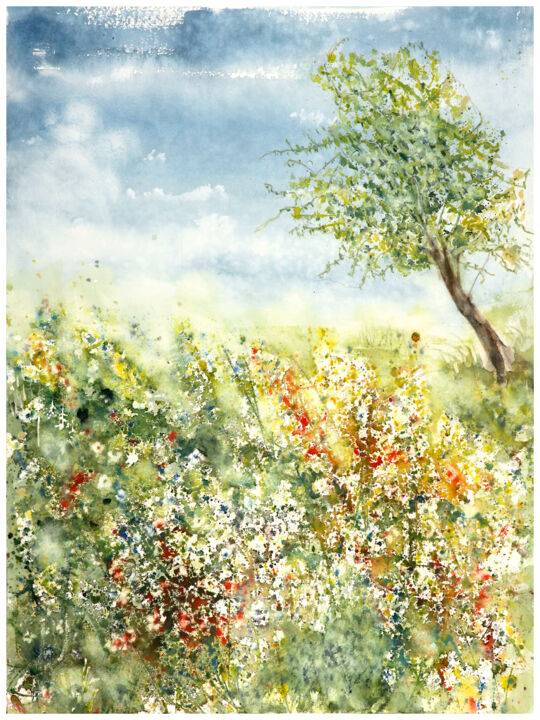 Malerei mit dem Titel "sea of flowers" von Babett Landsberger, Original-Kunstwerk, Aquarell