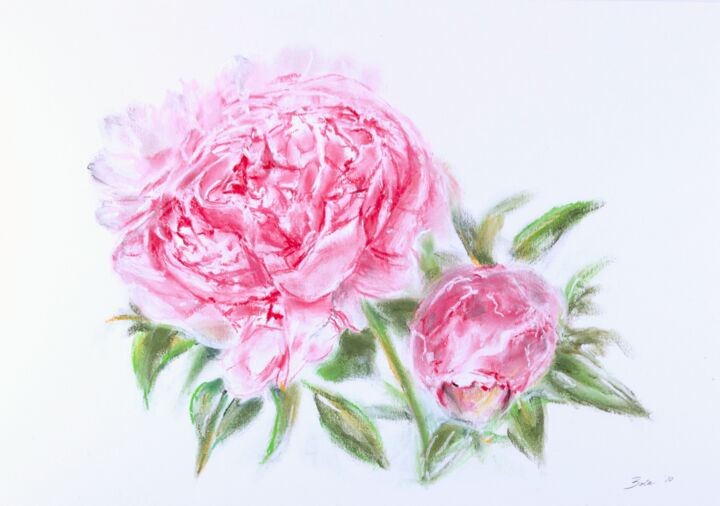 Zeichnungen mit dem Titel "peony" von Babett Landsberger, Original-Kunstwerk, Pastell