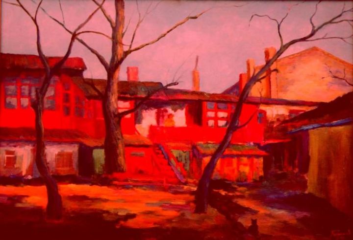 Pittura intitolato "Red yard at Moldova…" da Volodimir Babienko, Opera d'arte originale