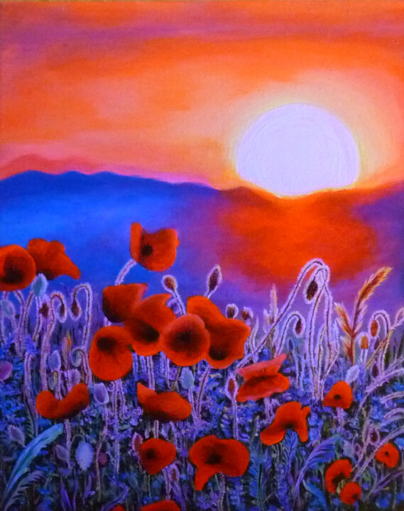 Painting titled "Coquelicots" by Barbara Bonnet (babslight), Original Artwork, Acrylic Mounted on Wood Stretcher frame