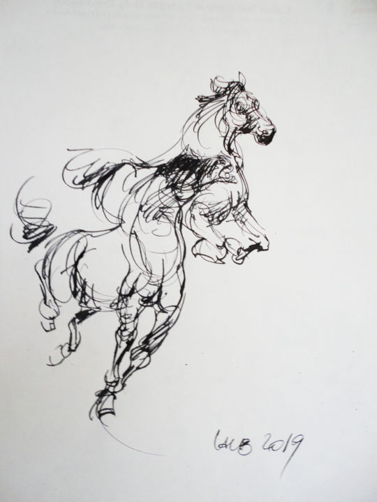 Drawing titled "chevaux" by Bachir Laib, Original Artwork, Ink