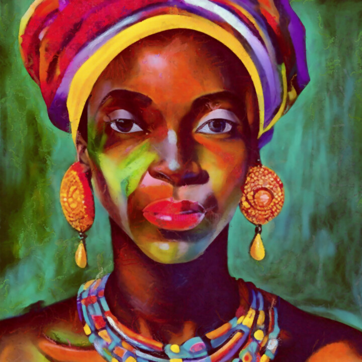 Arts numériques intitulée "African woman head…" par Bachir Reddioui, Œuvre d'art originale, Peinture numérique