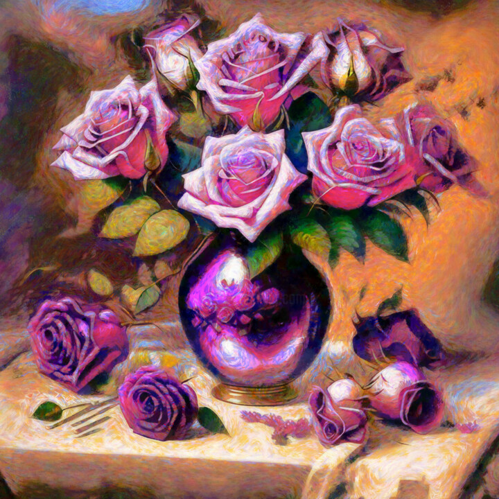 Digital Arts titled "Rose Garden Delight" by Bachir Reddioui, Original Artwork, Digital Painting