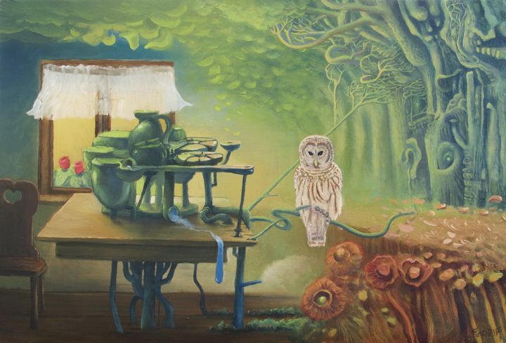 Malarstwo zatytułowany „Owl's Insomnia” autorstwa Wojciech Pater, Oryginalna praca, Olej