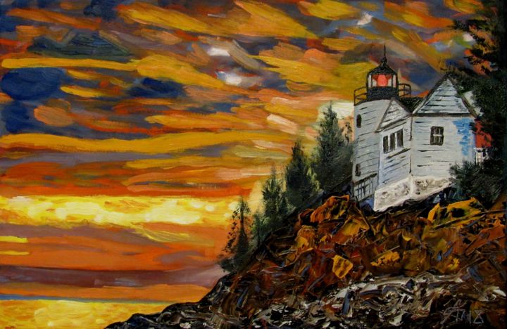 Painting titled "Маяк (Lighthouse) -…" by Artashes Badalian, Original Artwork, Oil