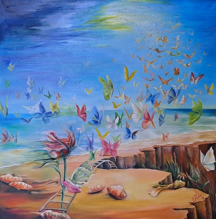 Painting titled "Toward Peace" by Bader Aboulhosn, Original Artwork, Oil Mounted on Wood Stretcher frame