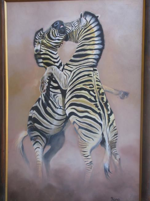Peinture intitulée "Fighting zebra's" par Fiona Mason, Œuvre d'art originale