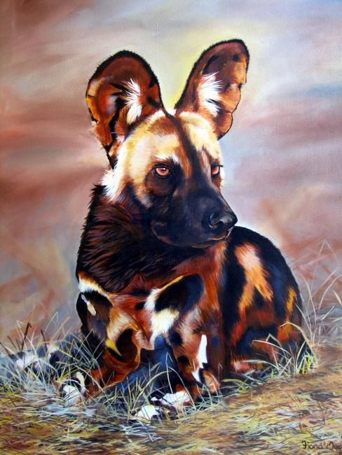 Peinture intitulée "African Wild dog" par Fiona Mason, Œuvre d'art originale