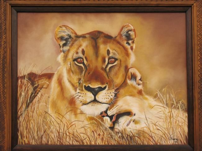 Peinture intitulée "Lioness and cub" par Fiona Mason, Œuvre d'art originale