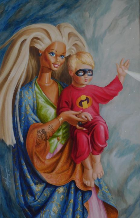Painting titled "Mother and Child" by Stephane Badroff, Original Artwork, Acrylic Mounted on Wood Stretcher frame