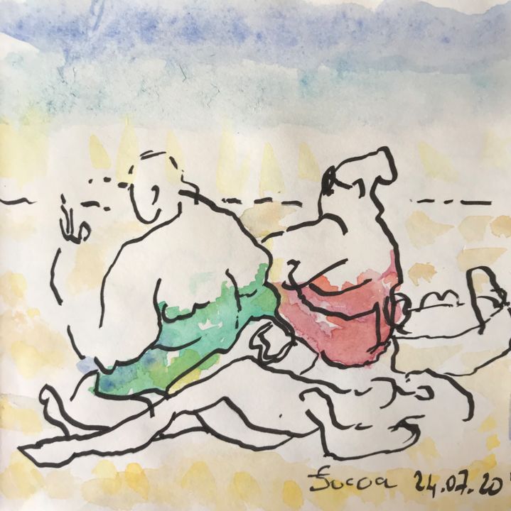 Drawing titled "Au bord de la mer 8" by Françoise Bagnéres, Original Artwork, Marker Mounted on Other rigid panel