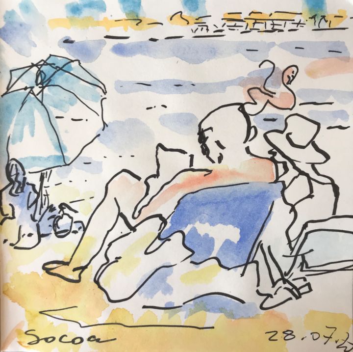 Drawing titled "Au bord de la mer 9" by Françoise Bagnéres, Original Artwork, Marker Mounted on Other rigid panel