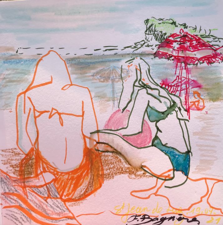 Tekening getiteld "Lumière de plage" door Françoise Bagnéres, Origineel Kunstwerk, Marker
