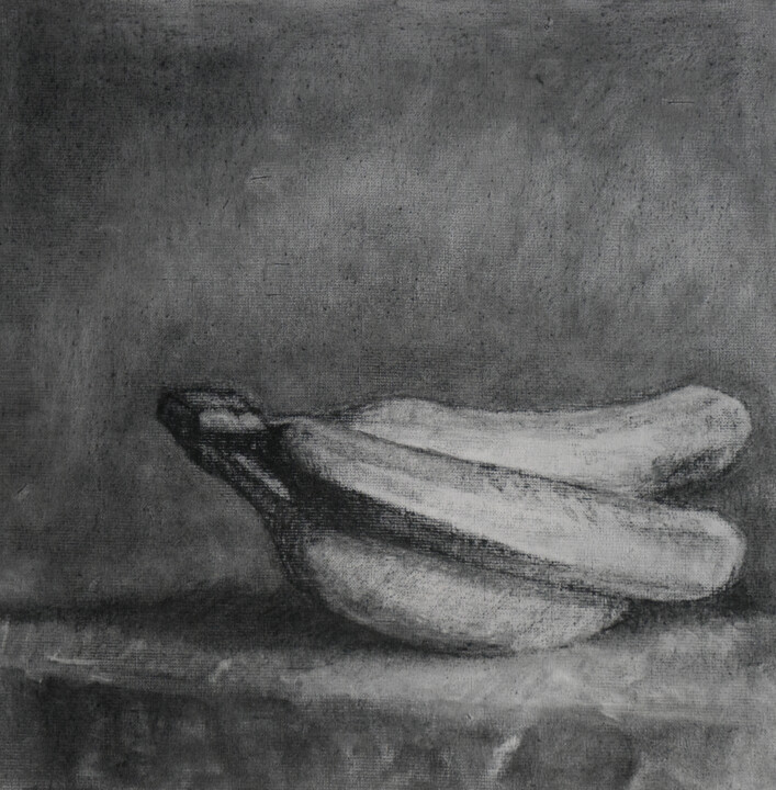 Drawing titled "Bananas" by Barbara Guias-Vaquier, Original Artwork, Charcoal Mounted on Wood Stretcher frame