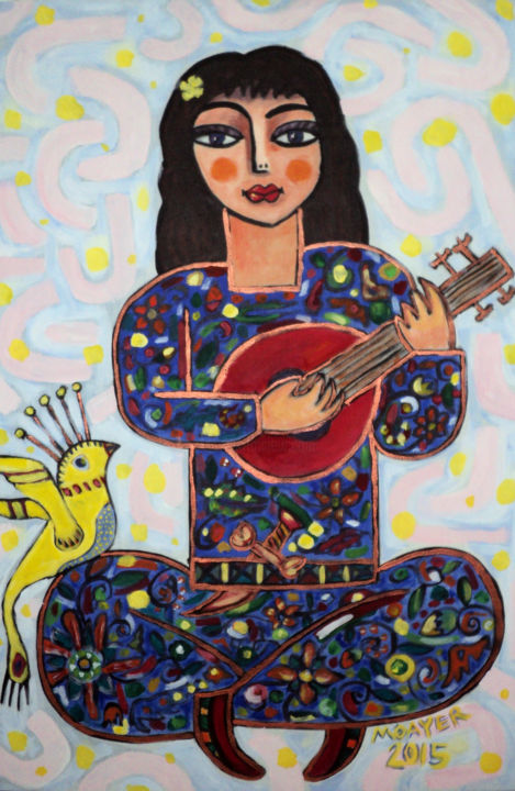 Картина под названием "Girl and bird" - Bahador, Подлинное произведение искусства, Акрил